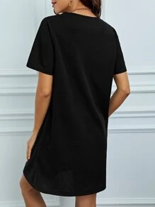 SHEIN Tall Guipure Lace Panel Tunic Dress - Black - View 2