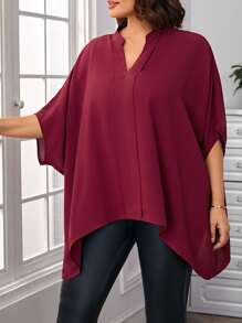 SHEIN LUNE Blusa de cuello de muesca de manga murciélago bajo irregular - Burdeos - Ver 4