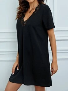 SHEIN Tall Guipure Lace Panel Tunic Dress - Black - View 3