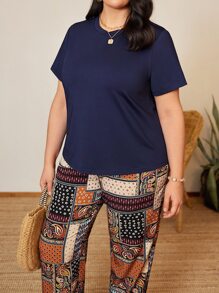 EMERY ROSE Plus Solid Tee & Paisley & Floral Print Trousers - Navy Blue - View 6