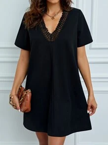 SHEIN Tall Guipure Lace Panel Tunic Dress - Black - View 4