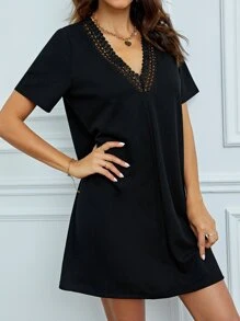 SHEIN Tall Guipure Lace Panel Tunic Dress - Black - View 5