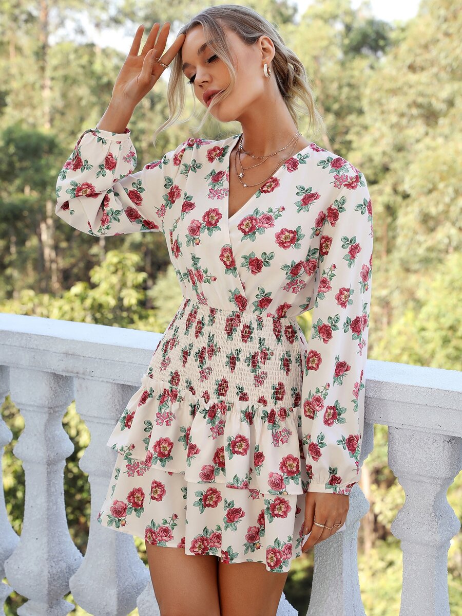 SHEIN VCAY Floral Print V Neck Shirred Layered Hem Dress - Beige - View 1