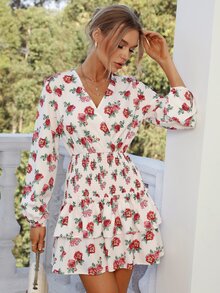SHEIN VCAY Floral Print V Neck Shirred Layered Hem Dress - Beige - View 6