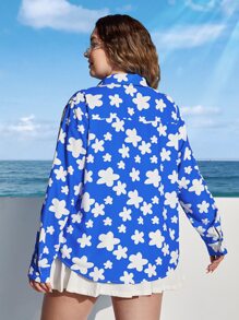 SHEIN EZwear Plus Floral Print Drop Shoulder Shirt - Blue and White - View 2