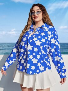 SHEIN EZwear Plus Floral Print Drop Shoulder Shirt - Blue and White - View 4