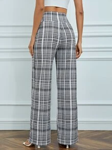 SHEIN Tall Plaid Print High Waist Pants - Black and White - View 2