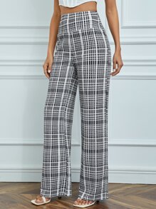 SHEIN Tall Plaid Print High Waist Pants - Black and White - View 3