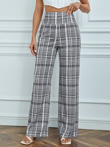 SHEIN Tall Plaid Print High Waist Pants - Black and White - View 4