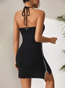 SHEIN Essnce Striped Tape Side Halter Cami Dress - Black - View 1