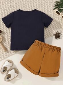 SHEIN 男嬰椰子樹和卡通圖案T恤和翻蓋細節短褲