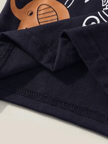 SHEIN 男嬰椰子樹和卡通圖案T恤和翻蓋細節短褲