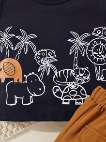 SHEIN 男嬰椰子樹和卡通圖案T恤和翻蓋細節短褲