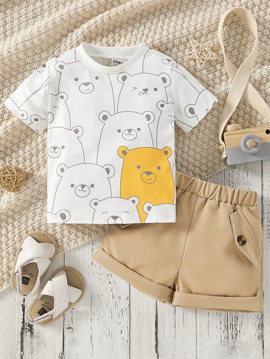 男嬰小熊印花T恤和卷邊短褲 - 彩色 - 查看 1