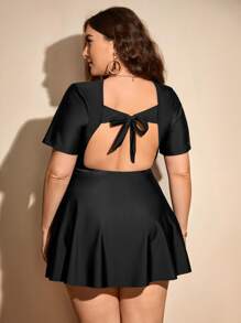SHEIN Swim Curve Plus Size Solid High Waisted Swim Dress Summer Beach - Black - View 1