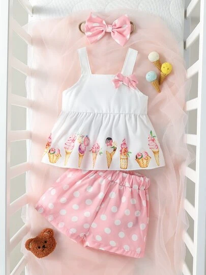 Baby Girl Ice Cream Print Bow Front Cami Top & Shorts