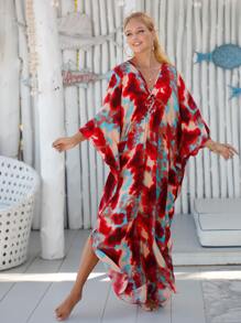 Tie Dye Print Batwing Sleeve Cover Up Dress House Dress - Red - View 2