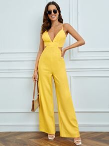 SHEIN Tall 深V領闊腿吊帶連體褲 - 黃色 - 查看 1