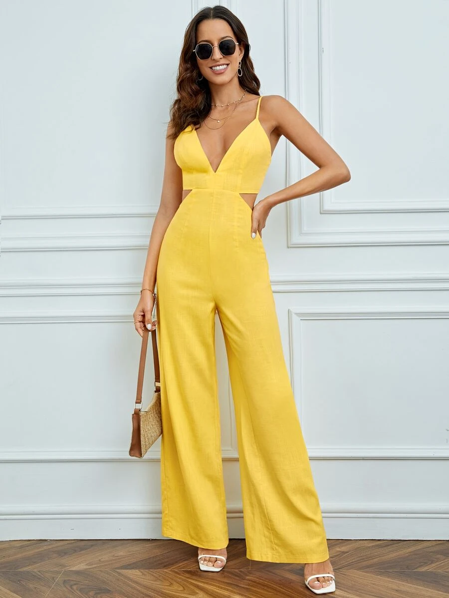 SHEIN Tall 深V領闊腿吊帶連體褲 - 黃色 - 查看 1