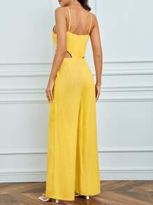 SHEIN Tall 深V領闊腿吊帶連體褲 - 黃色 - 查看 2