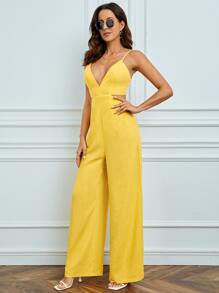 SHEIN Tall 深V領闊腿吊帶連體褲 - 黃色 - 查看 3