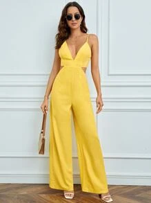 SHEIN Tall 深V領闊腿吊帶連體褲 - 黃色 - 查看 4