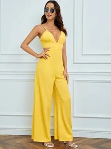 SHEIN Tall 深V領闊腿吊帶連體褲 - 黃色 - 查看 5