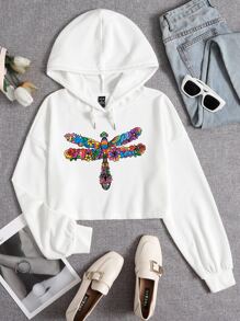Sarah Wearer Dragonfly Print Drop Shoulder Drawstring Crop Hoodie - White - View 1