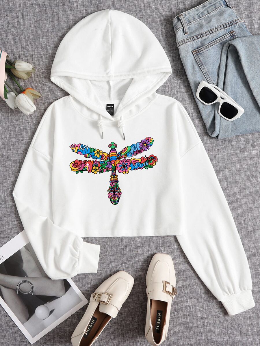 Sarah Wearer Dragonfly Print Drop Shoulder Drawstring Crop Hoodie - White - View 1