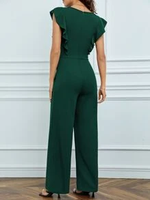 SHEIN Tall Ruffle Trim Keyhole Back Jumpsuit - Dark Green - View 2