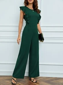 SHEIN Tall Ruffle Trim Keyhole Back Jumpsuit - Dark Green - View 4