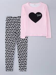 Girls Heart Print Snug Fit PJ Set - Multicolor - View 1