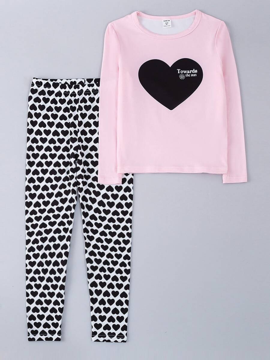 Girls Heart Print Snug Fit PJ Set - Multicolor - View 1