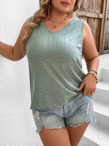 SHEIN LUNE Plus Solid V Neck Tank Top - Mint Green - View 5