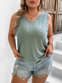 SHEIN LUNE Plus Solid V Neck Tank Top - Mint Green - View 1