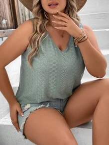 SHEIN LUNE Plus Solid V Neck Tank Top - Mint Green - View 9