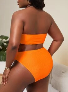 SHEIN Swim Curve Plus Size Solid Bandeau Bikini Set, Summer Beach Bathing Suit - Orange - View 2