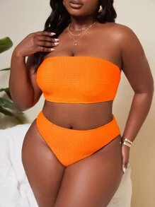 SHEIN Swim Curve Plus Size Solid Bandeau Bikini Set, Summer Beach Bathing Suit - Orange - View 4