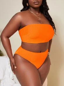 SHEIN Swim Curve Plus Size Solid Bandeau Bikini Set, Summer Beach Bathing Suit - Orange - View 5