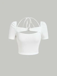 SHEIN MOD Heart-ring Cut Out Puff Sleeve Tee - White - View 2