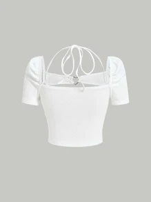 SHEIN MOD Heart-ring Cut Out Puff Sleeve Tee - White - View 5