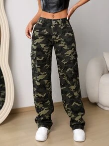 Camo Print Flap Pocket Cargo Jeans - Multicolor - View 3