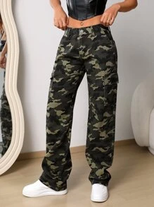 Camo Print Flap Pocket Cargo Jeans - Multicolor - View 1