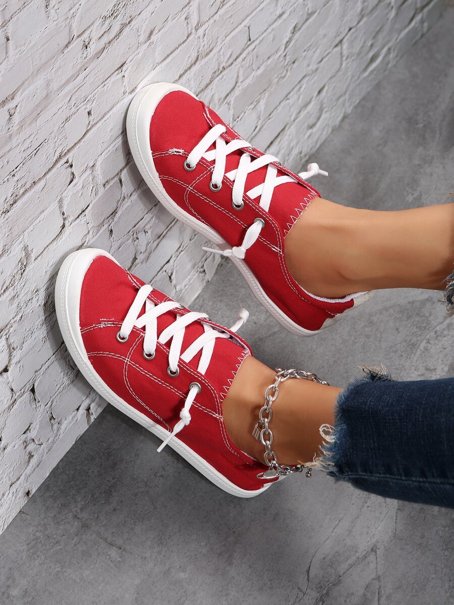 女性經典生活方式戶外運動鞋,時尚,柔軟的和舒服的,圓頭,繫帶,平底鞋底,休閒和競技 - 紅色 - 查看 1