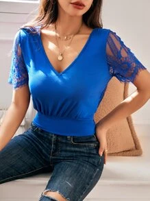 SHEIN Frenchy Tie Back V Neck Contrast Lace Top - Royal Blue - View 2
