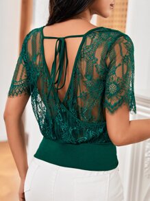 SHEIN Frenchy Tie Back V Neck Contrast Lace Top Summer Elegant Green Christmas - Dark Green - View 1