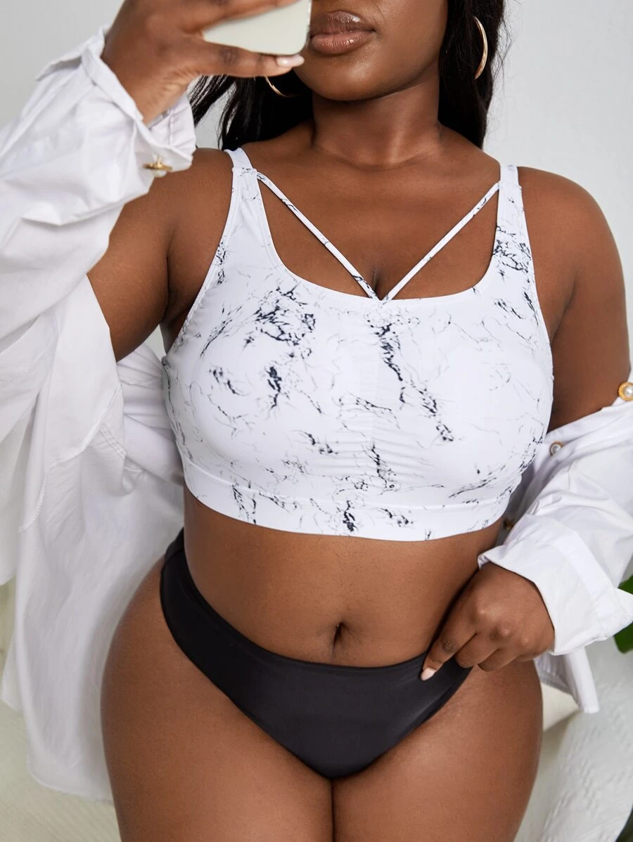 SHEIN Swim Curve Plus Marble Print Bikini Top - Multicolor - View 1