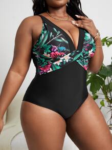 Swim Lushoire Traje de baño de una pieza con estampado tropical para tallas grandes, verano - Negro - Ver 4