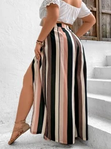 SHEIN VCAY Plus Striped Print Tie Front Split Thigh Wide Leg Trousers - Multicolor - View 2