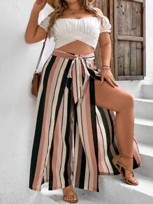 SHEIN VCAY Plus Striped Print Tie Front Split Thigh Wide Leg Trousers - Multicolor - View 1